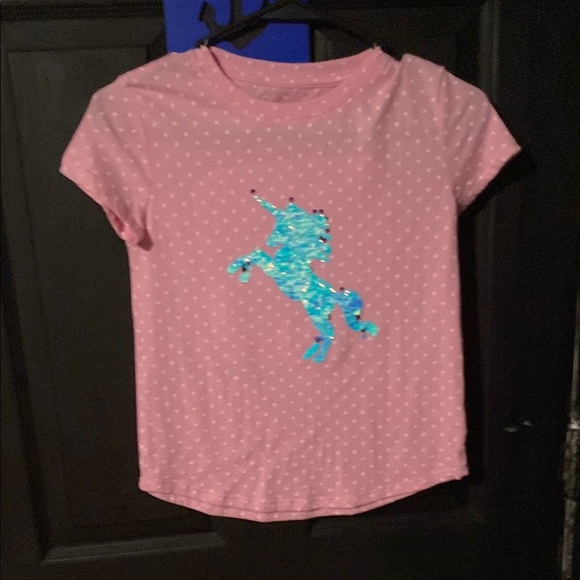 Pink Polka Dot T-Shirt with Blue Unicorn - Picture 1 of 1